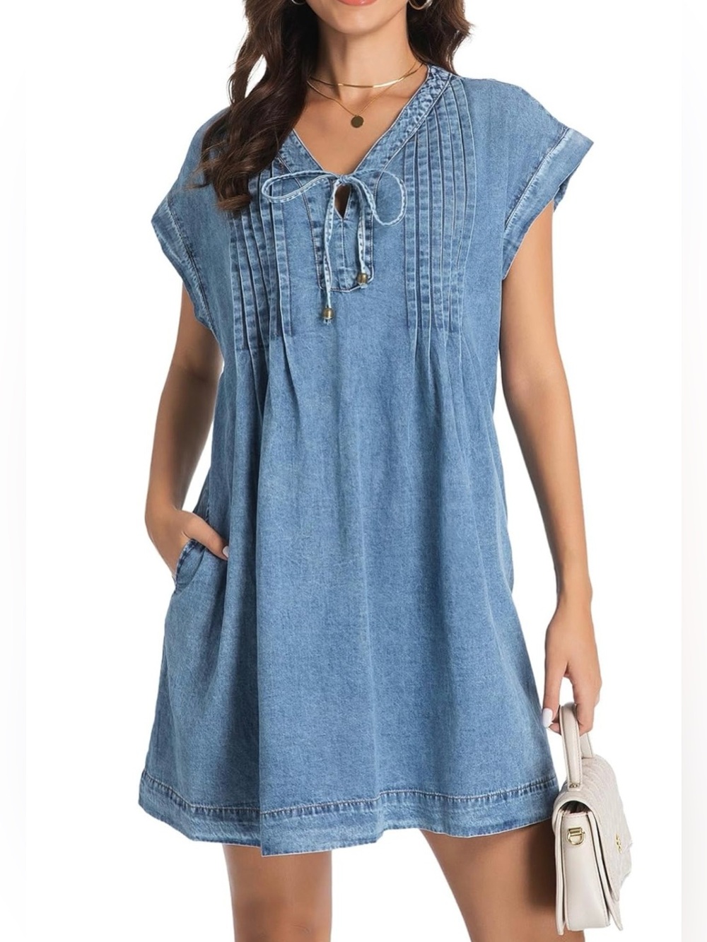 Tie V-Neck Pintuck Detail Short Sleeve Denim Shift Dress Size XL NWOT